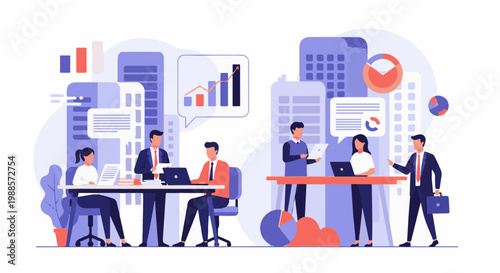 Diverse professionals collaborate and analyze data in a modern office setting with abstract city backgrounds