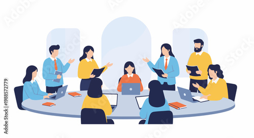 Diverse business professionals collaborating around a modern conference table with laptops