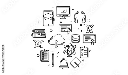 Modern monoline education icons with e learning digital study tools and school symbols vector set