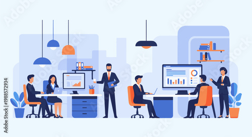 Office workers collaborate and analyze data on computers in a modern workspace