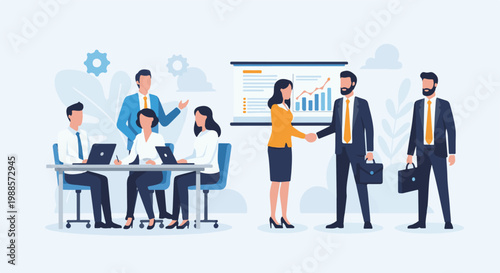 Business team collaborating on growth strategy and shaking hands at a meeting