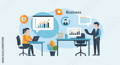 Two individuals collaborate on digital tasks and analyze data in an office setting