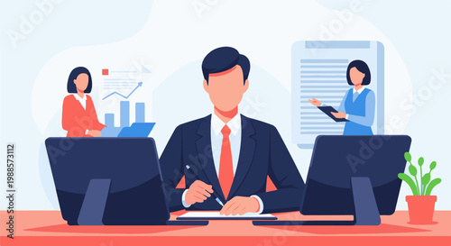 Business professionals in an office setting, discussing data and reports