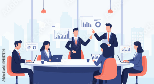 Diverse business professionals gather around a table, collaborating and presenting data in a modern office