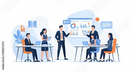 Diverse professionals collaborate in a modern office setting, presenting data and engaging in discussion (1)