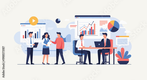Professionals collaborate on data analysis and business strategy, presented in a clean, modern vector style