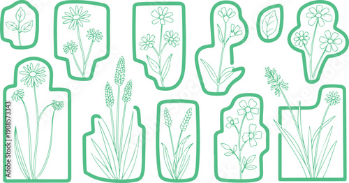 Hand drawn vector illustration of a green flower and leaf symbol set representing nature and dental care through a tooth and tree logo design