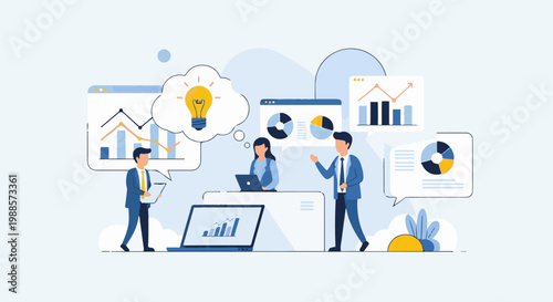 Business professionals collaborate on data analysis and idea generation with charts and graphs
