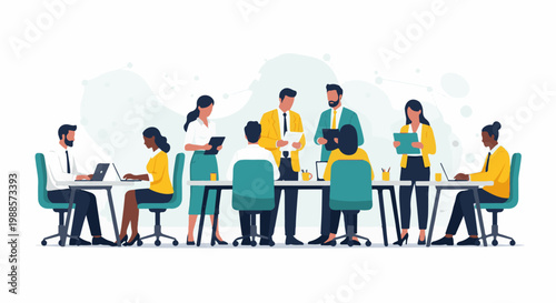 Diverse professionals collaborate around a table with laptops and documents