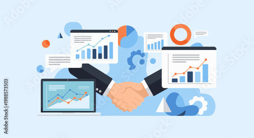 Two hands shaking in a handshake, surrounded by charts and data
