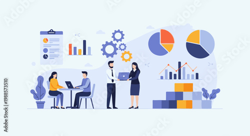 Business people collaborate on data analysis and project development with charts and gears