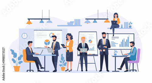 Business professionals collaborate in an office setting, reviewing charts and data