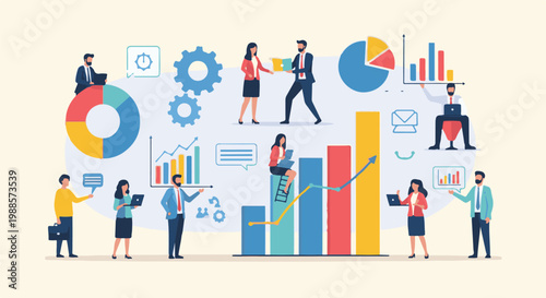 Business professionals collaborate and analyze data with charts, graphs, and gears