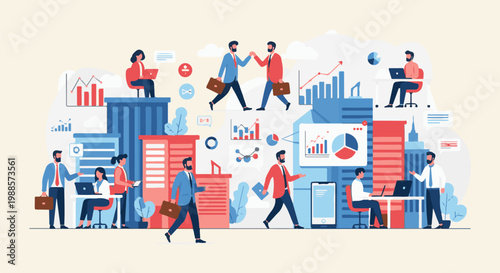 Stylized graphic depicts a busy office environment with people collaborating and analyzing data