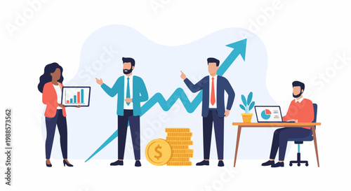 Business team analyzing growth charts and financial data with upward trend