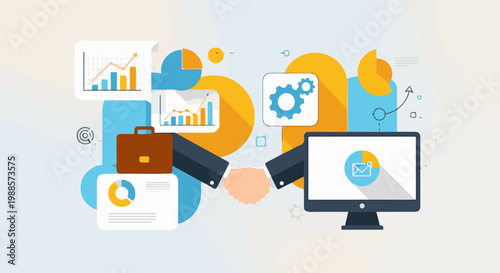 Business collaboration, data analysis, and digital communication illustration