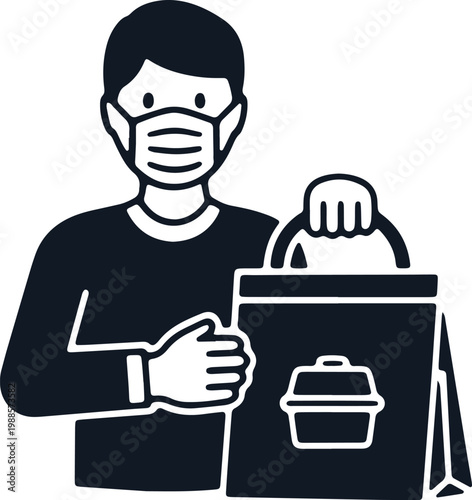 Delivery person wearing mask carrying food bag order.
