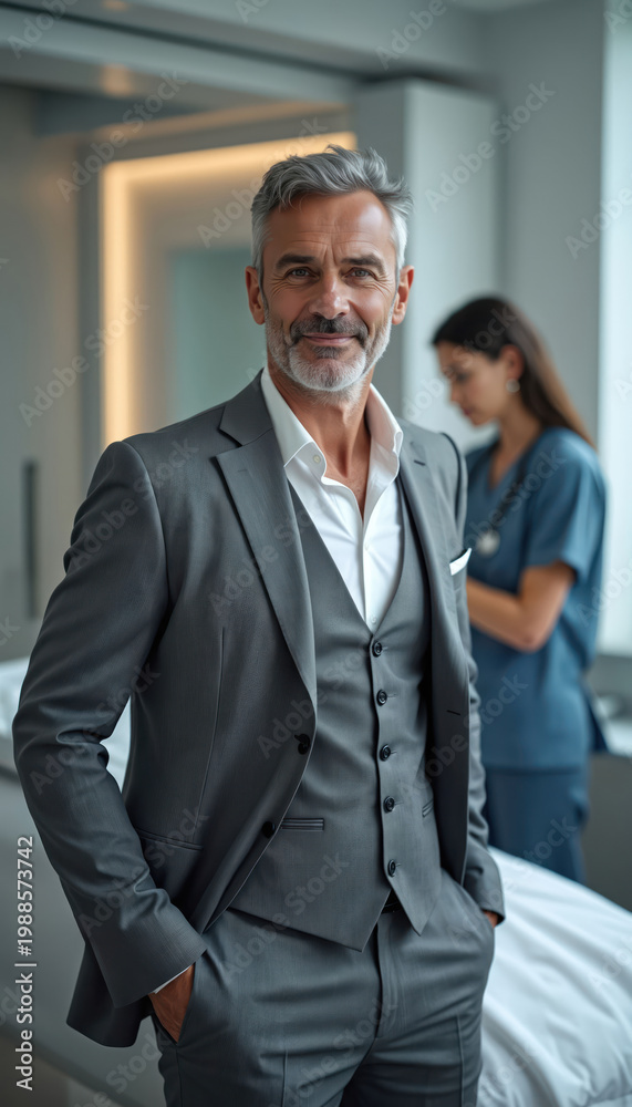 Fototapeta premium Mature man in grey suit stands confidently in a clinic setting. Nurse in scrubs works in the background. Modern medical care with a focus on patient comfort and professional service.