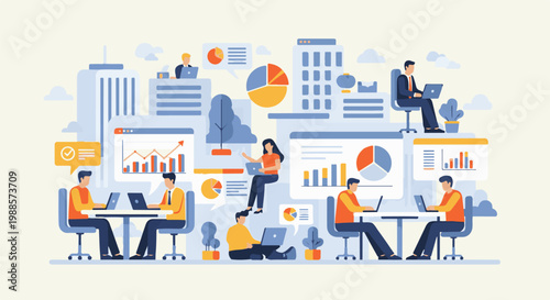 Colleagues collaborate on data analysis and project planning amidst urban office buildings