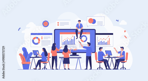 Team collaboratively analyzes financial data on screens and computers in an office setting