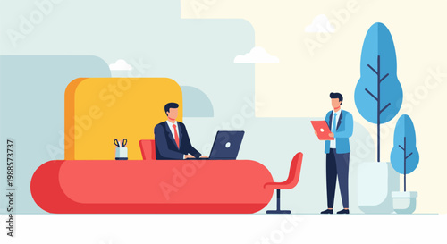 Two men in suits at modern office with stylized decor and plants