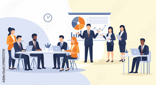 Business professionals collaborate in a modern office meeting, discussing data and strategy