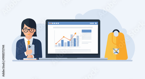 A woman in business attire holds a smartphone near a laptop displaying a financial chart and a yellow bag