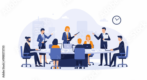 A diverse group of professionals collaborates around a conference table in a modern office setting