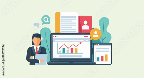 Business professional with charts, documents, and communication icons, depicting growth and teamwork