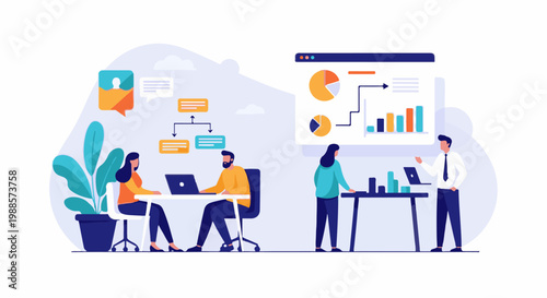 Team collaborating on data analysis and presentation with charts and flowcharts