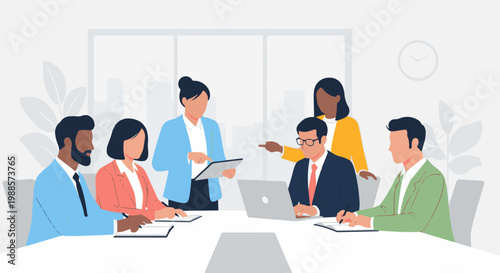 Diverse professionals in a modern office collaborate around a table with a laptop and tablet