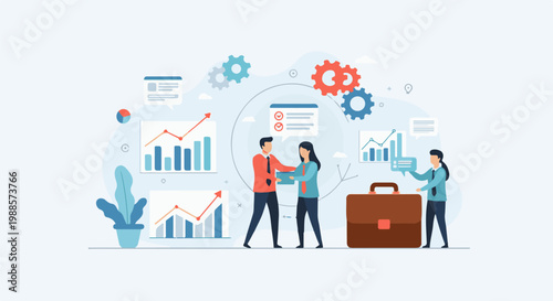 Colleagues collaborate on financial charts, gears, and briefcase, symbolizing business growth