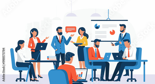 A group of professionals in a modern office collaborate around desks and a presentation screen