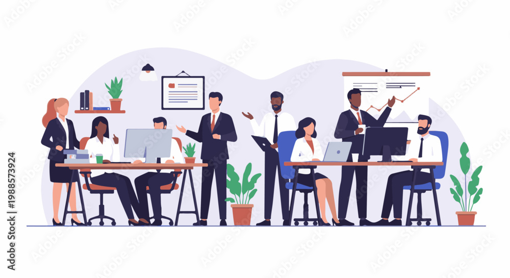 Naklejka premium Diverse professionals collaborating and presenting in a modern office setting