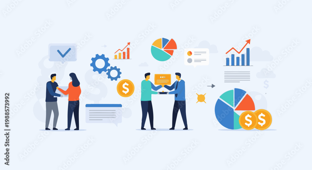 Naklejka premium Business collaboration and financial growth concept with charts and people