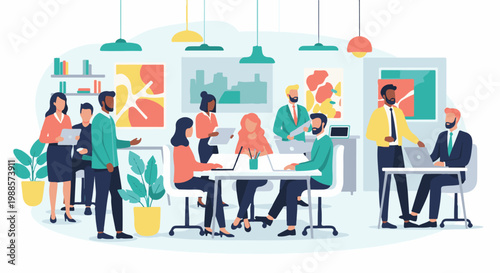 Diverse professionals collaborate and discuss ideas in a modern office meeting