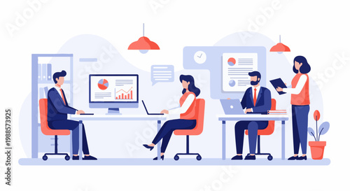 Colleagues collaborate in a modern office, focusing on data analysis and project management tasks