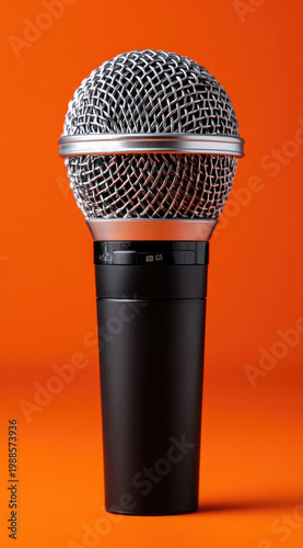 Closeup of a Black Microphone on an Orange Background.
