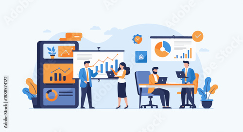 Diverse professionals collaborate on a digital presentation, analyzing growth charts