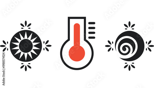 climate temperature variation graphic, thermometer with high heat reading surrounded by cold snowflake and warm swirl icons, environmental concept, simple modern vector illustration.