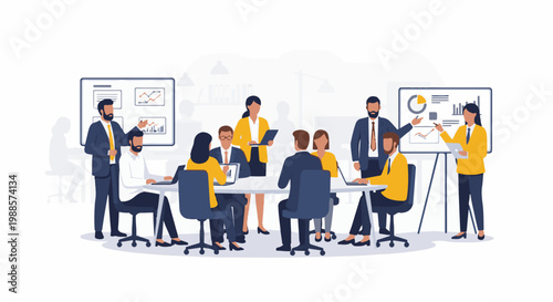 Diverse professionals collaborate around a table, discussing charts and data on screens in an office meeting