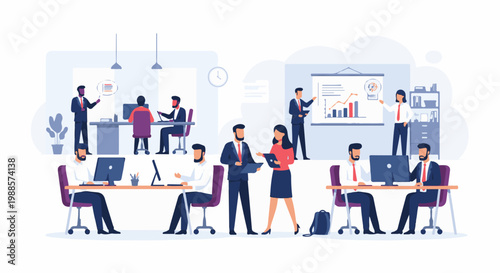 Busy office scene with diverse colleagues collaborating and presenting ideas