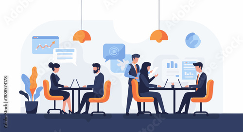 Four professionals collaborating at desks in a modern office setting, with charts and plants