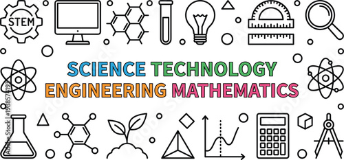Science technology engineering mathematics banner with colorful text and education icons in modern outline vector illustration