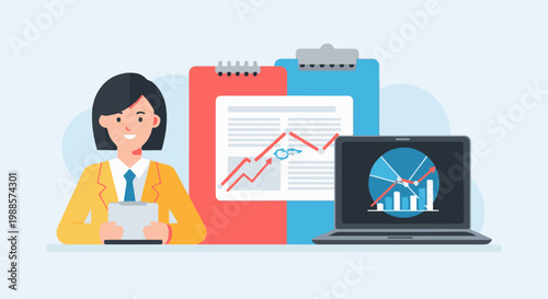 Businesswoman presenting financial charts and reports on a digital tablet, laptop, and paper