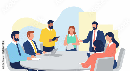 Diverse professionals collaborate at a round table with laptops and documents