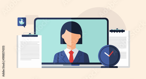 Flat illustration of a person in a suit on a laptop screen with documents and a clock