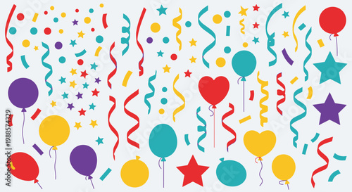 Vector illustration of a happy birthday celebration featuring colorful helium balloons with confetti and ribbons for a fun party greeting card design