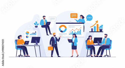 Diverse professionals collaborate in a modern office setting, analyzing charts and data on screens
