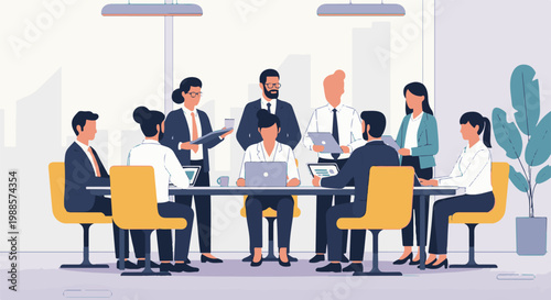 Business people in a meeting discussing plans around a table